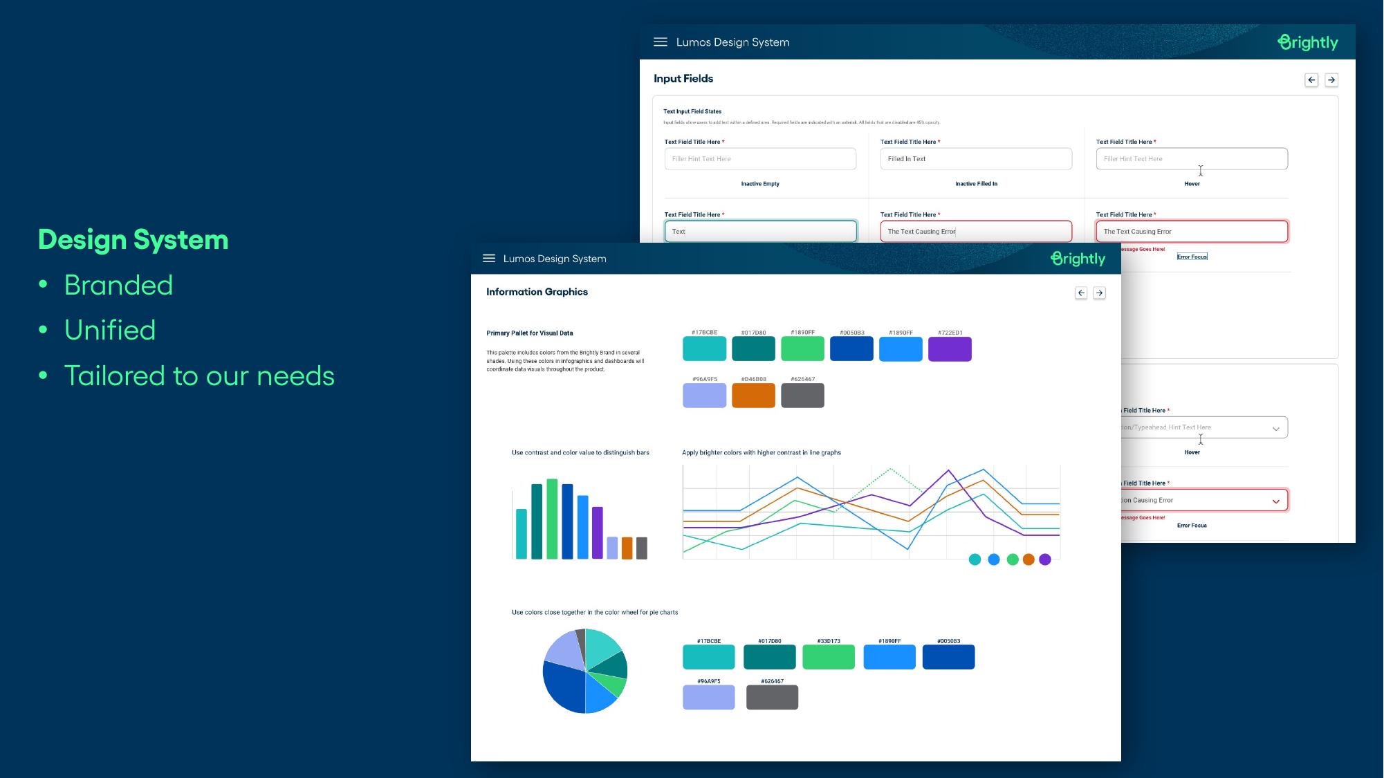 Lumos Design System rendered as a product page, showing input field states and information graphics