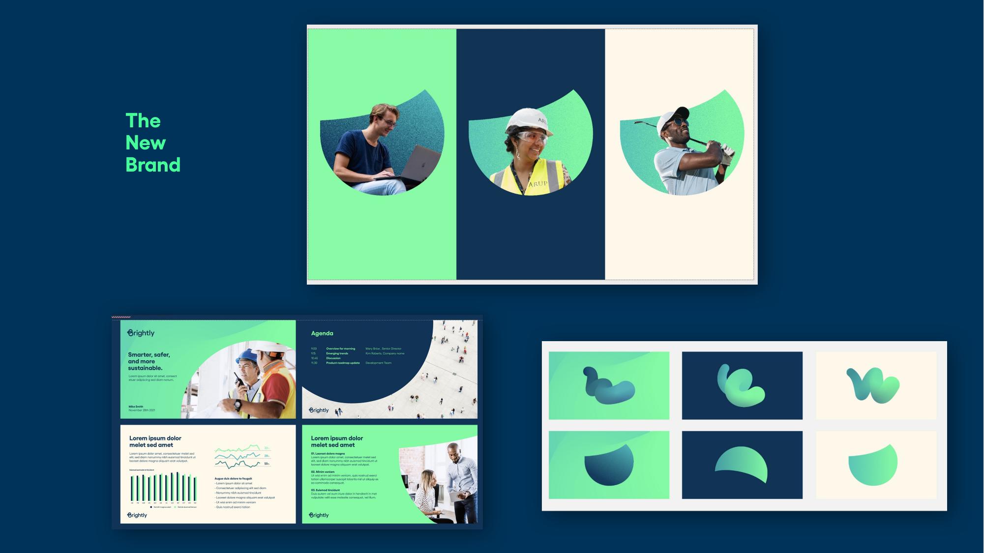 New Brightly brand identity with photography treatment showing three customers across industries