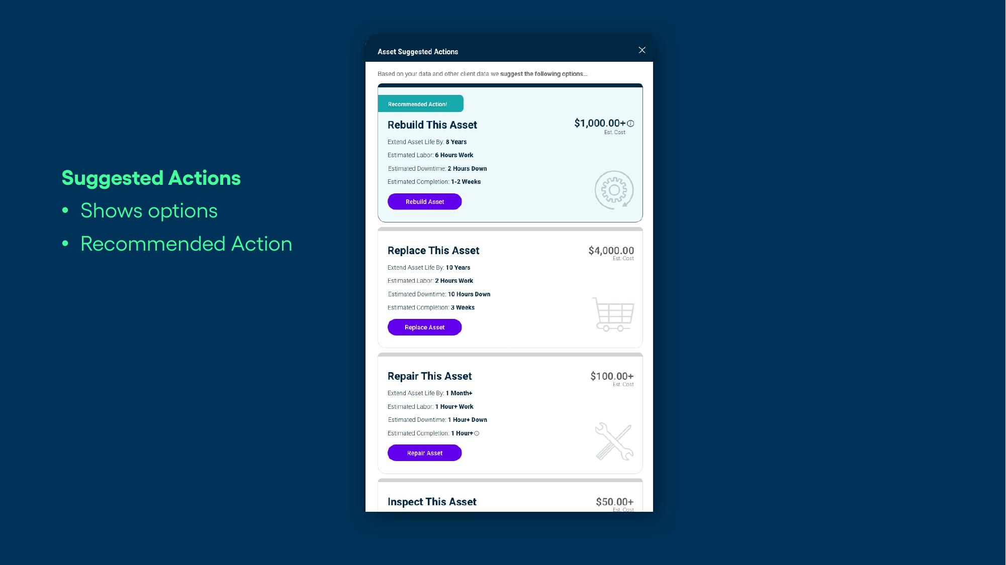 Suggested actions modal with options and a recommended action highlighted