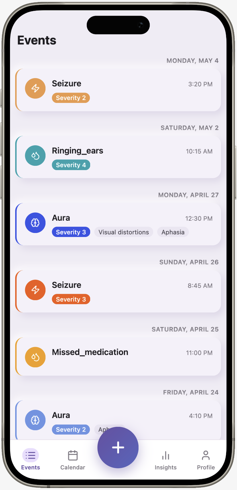 Epilog app Events screen in an iPhone frame, listing tracked seizures and auras