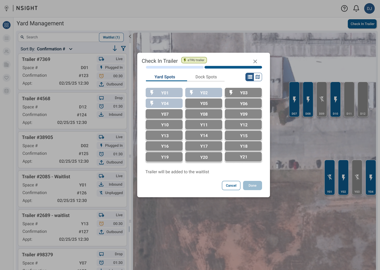 Check-in trailer modal with yard spot grid and eTRU trailer indicator, with waitlist fallback