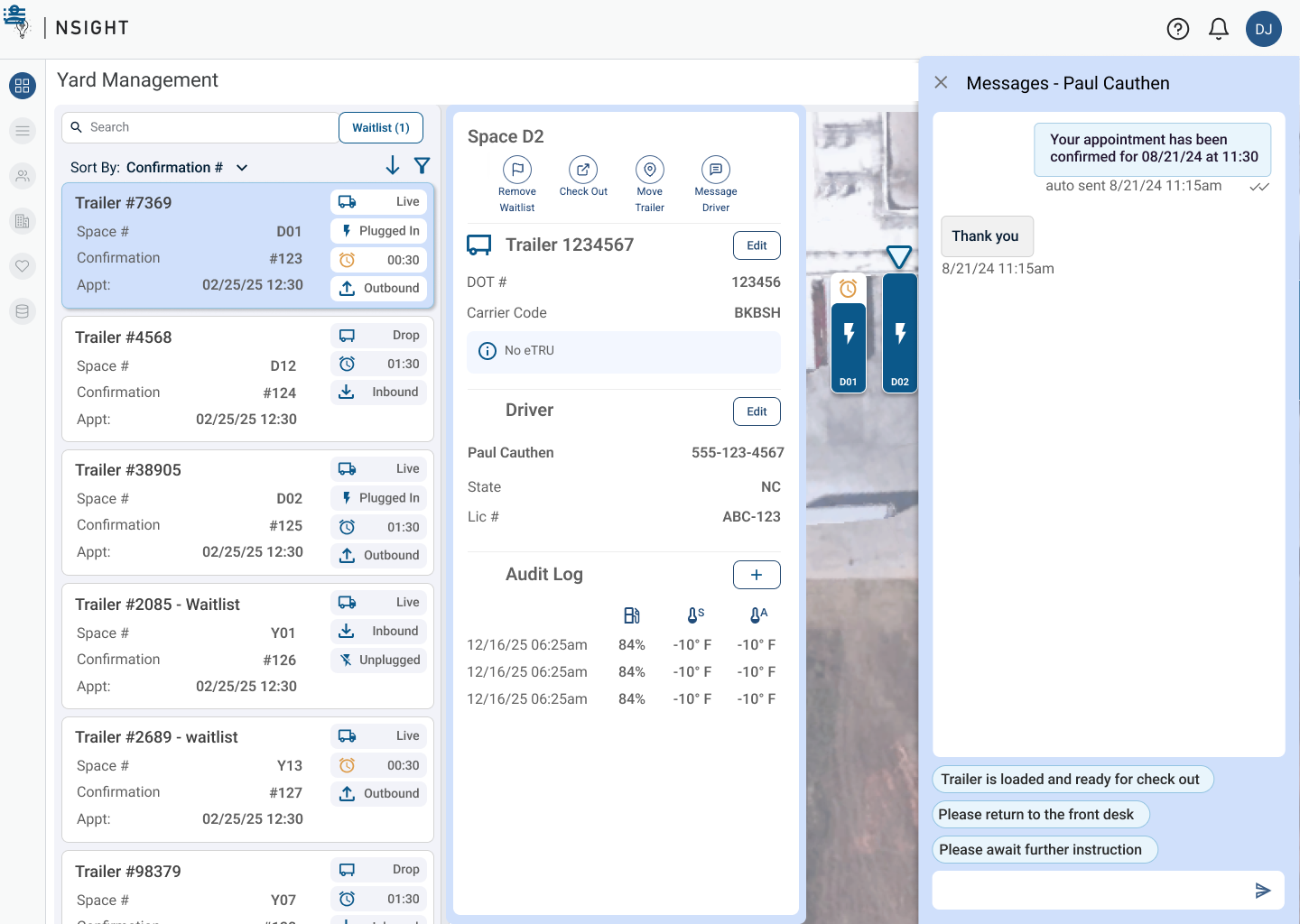 Driver messaging panel with auto-sent appointment confirmation and quick-action templates