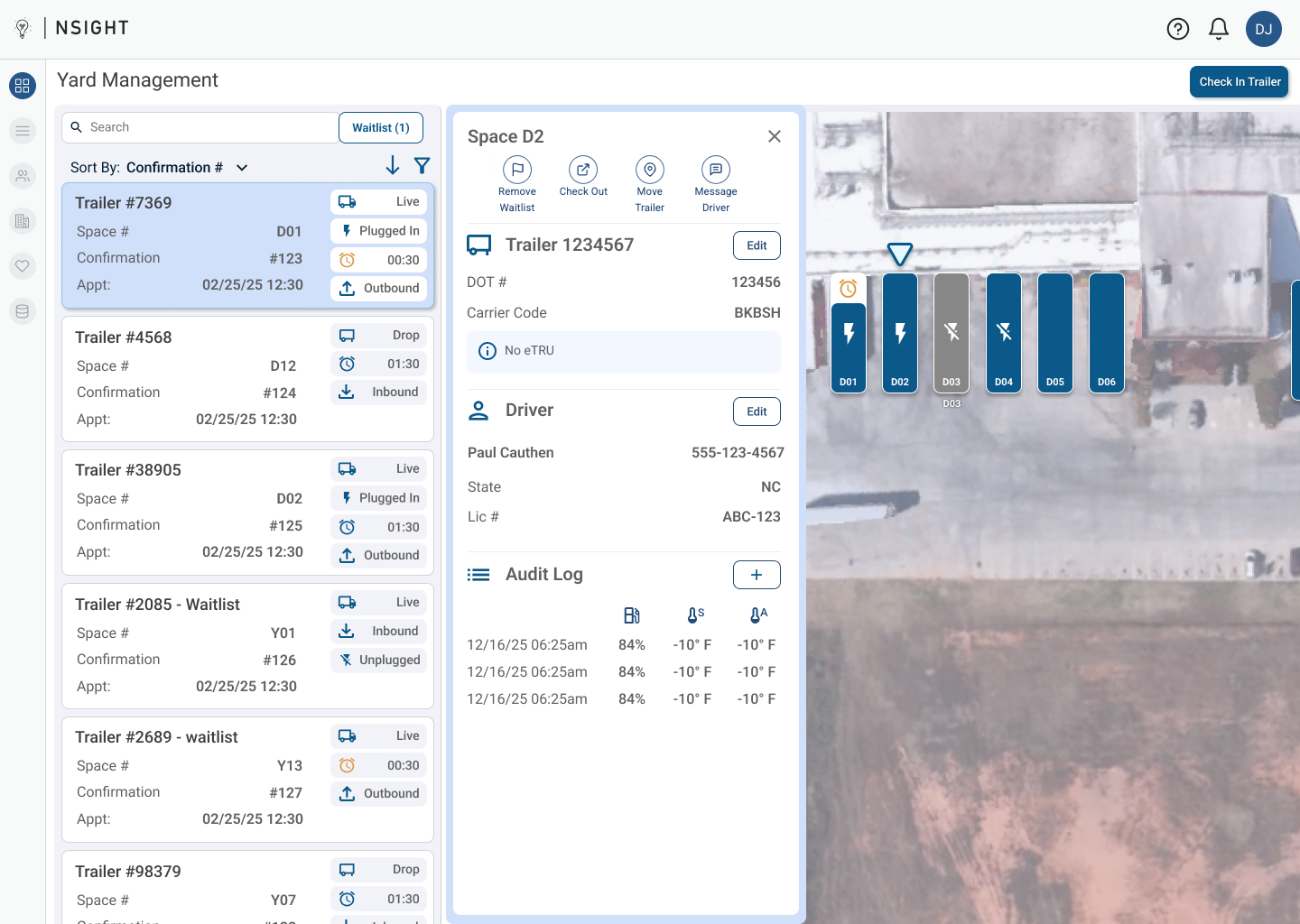 Trailer detail panel with carrier, driver, eTRU status, and audit log, alongside the dock spots