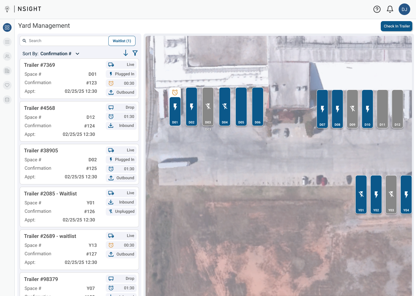 Fleet yard management view with aerial map of dock and yard spots