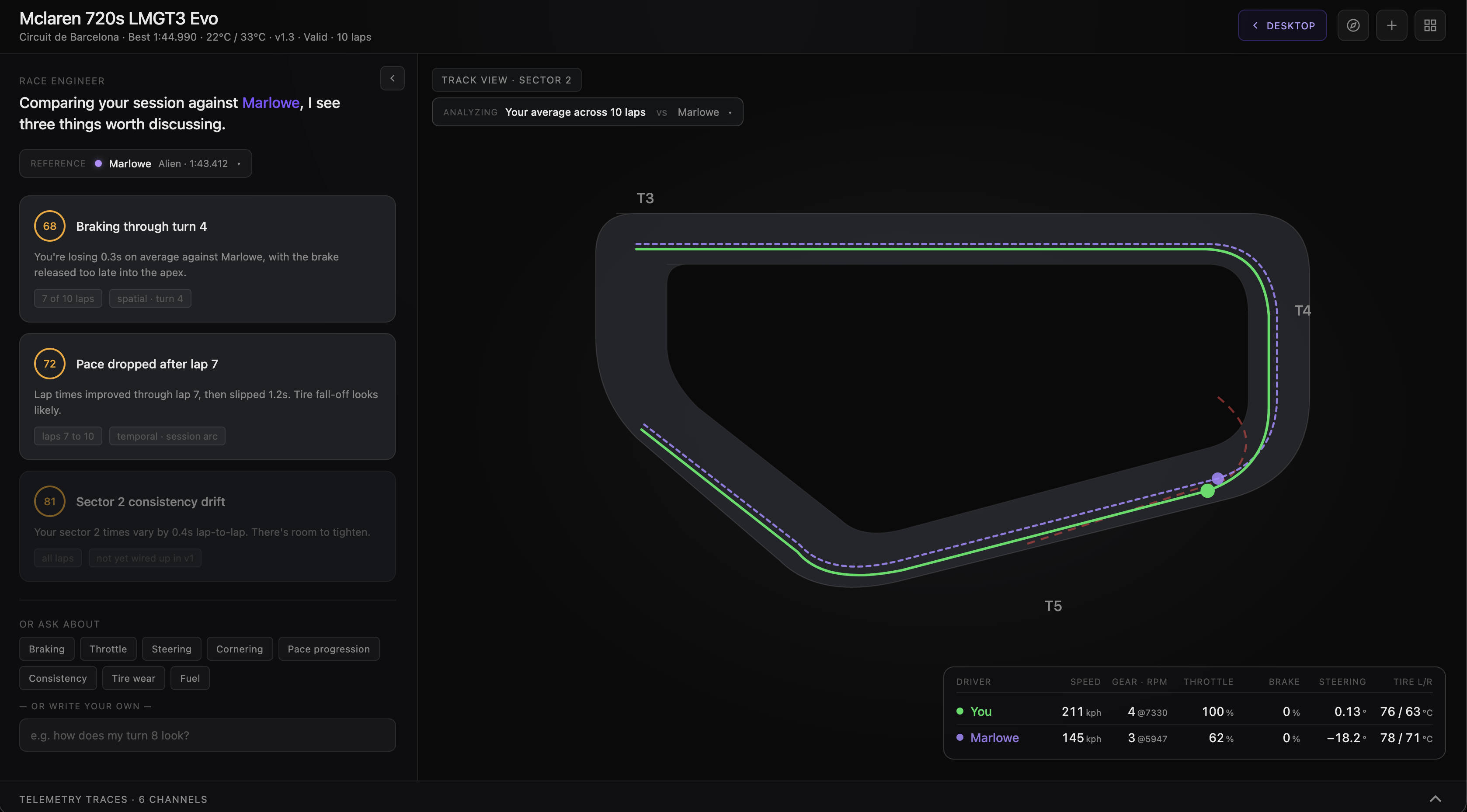 Sim Racing Coach Web-Prototyp, Idle-Zustand mit Agenten-Rail